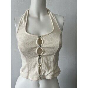 Isalis Cream Cut Out Knit Halter Top Size Small  Button Front Stretch Summer